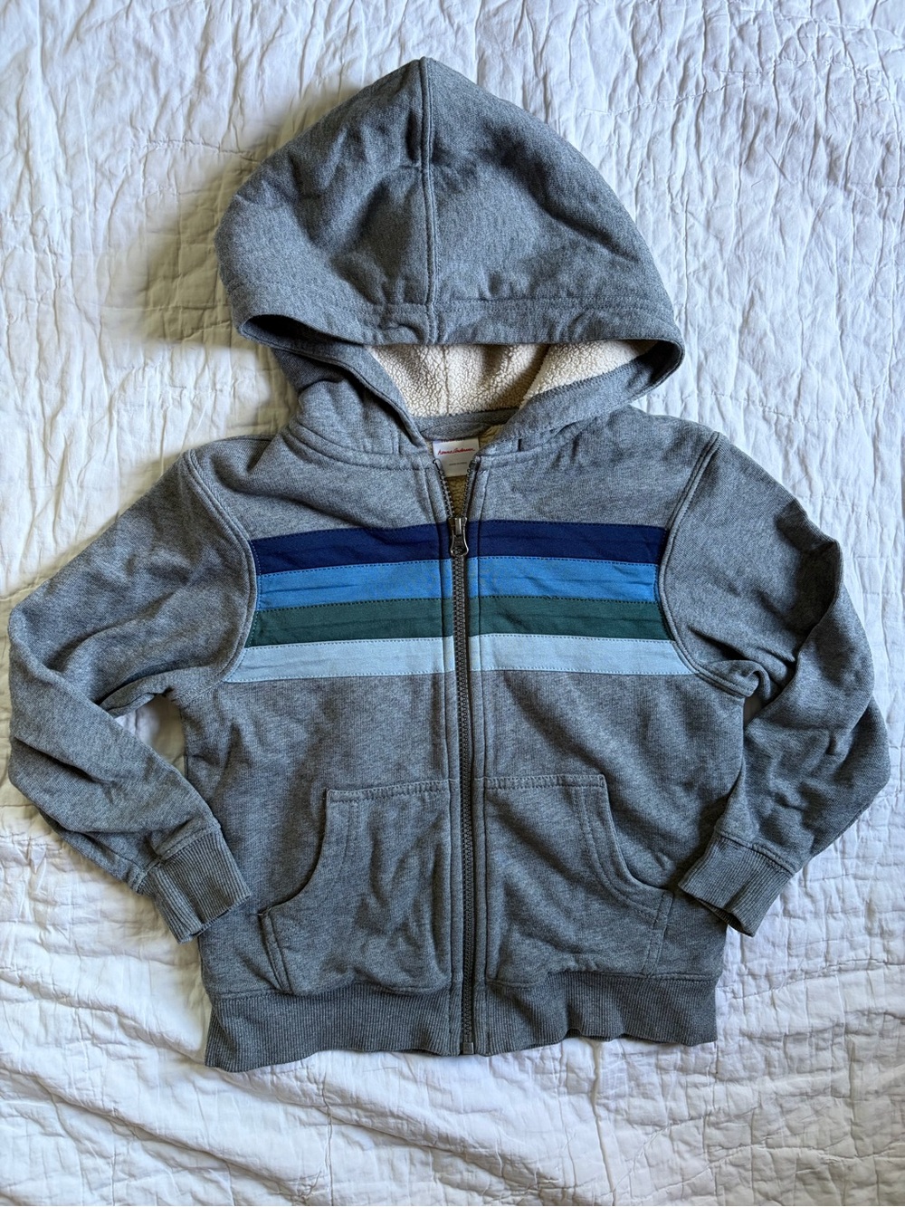 Gray Hooded Kids Zip-Up Sweatshirt with Blue Stripe Accents